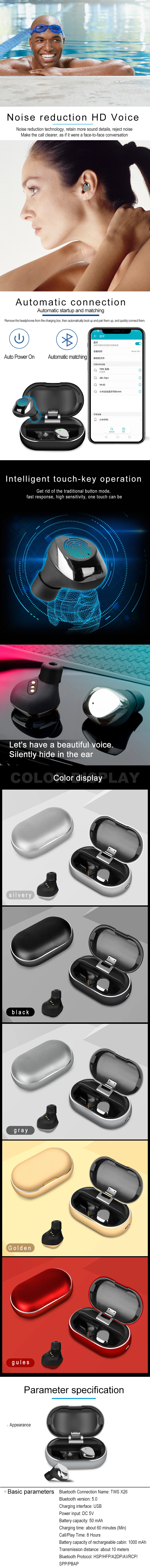 TWS X26 Hot Sell BT V5.0  IPX7 Waterproof  Wireless earphone earbuds with 1000mAh