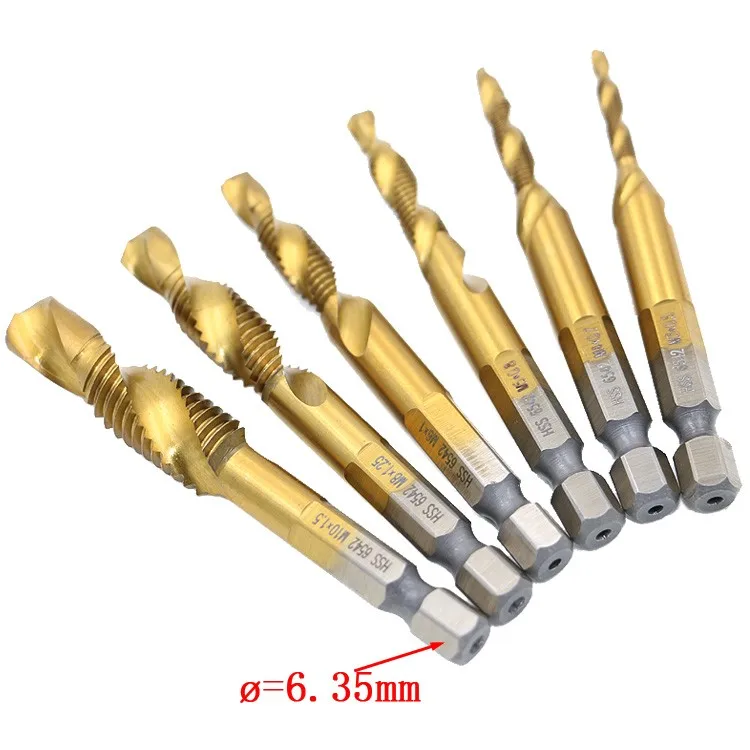 6pcs Titanium M2 Hex Shank Hand Tap HSS Spiral Point ScrewThread Metric Plug Drill Bits M3 M4 M5 M6 M8 M10 fit Metal Steel