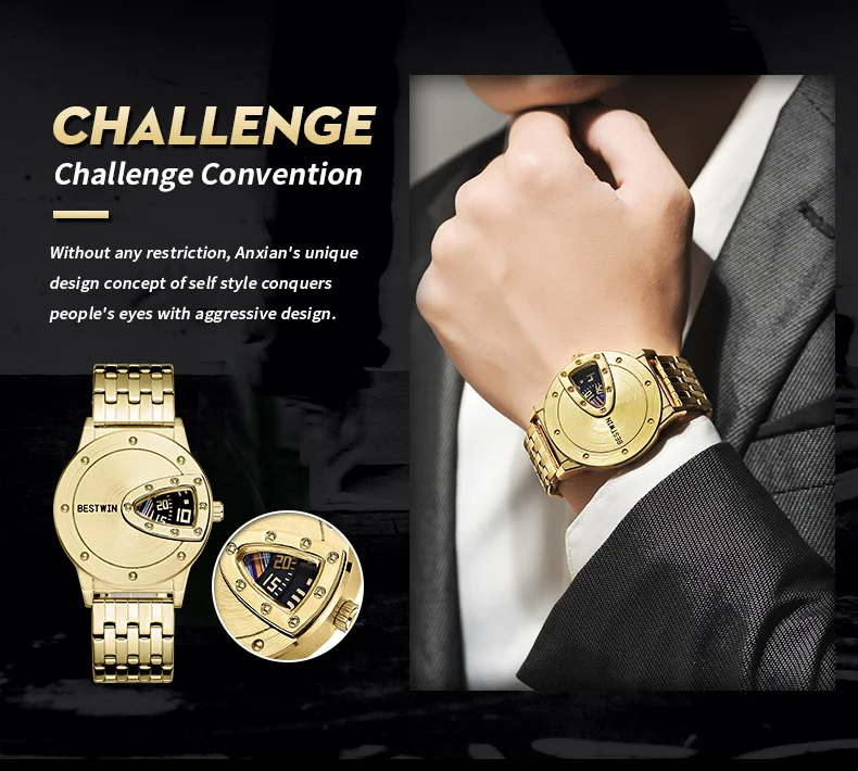 Luxury BESTWIN Brand Trend Cool Men's Wrist Watch Stainless Steel Technology Fashion Quartz Watch For Men 2021 Relogio Masculino