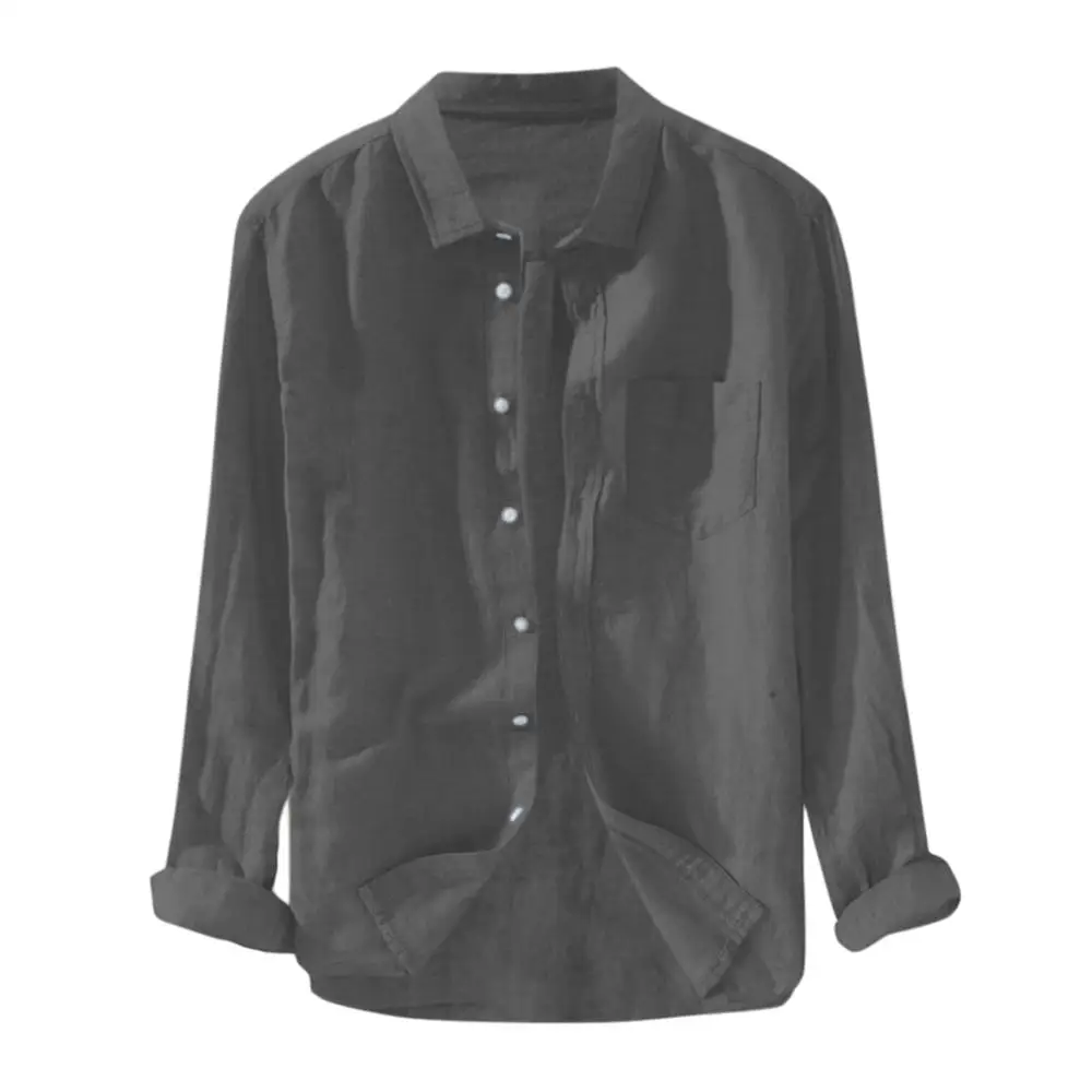 Летние мужские мешковатые однотонное хлопковое белье больших размеров рубашки с длинными рукавами и карманом на пуговицах мужские рубашки - Цвет: Темно-серый