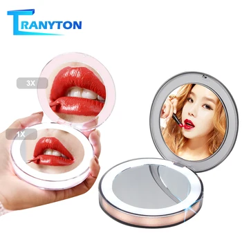 

Portable Mini LED Vanity Lights Makeup Mirror 1X 3X Magnifying Foldable Handheld Lighting Makeup Mirror with USB Charging Cable