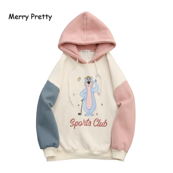 

MERRY PRETTY Women's Hooded Sweatshirts Cartoon Print Patchwork Hoodies Winter Plus Velvet Drawstring Pullover Loose Tracksuit