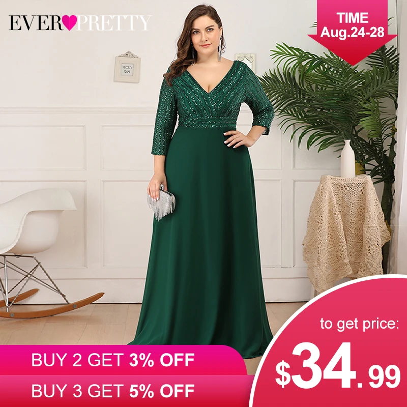 Plus Size Sequined Evening Dresses Ever Pretty 3/4 Sleeve A-Line Double V-Neck Elegant Sparkle Party Gowns Abiye Gece Elbisesi Plus Size Sequined Evening Dresses Ever Pretty 3/4 Sleeve A-Line Double V-Neck Elegant Sparkle Party Gowns Abiye Gece Elbisesi