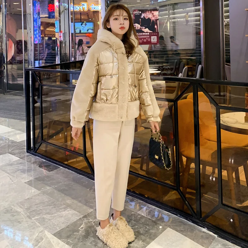 New Style Bright Surface Joint Lambs Wool Short Fur Thick ke li rong Locomotive Cotton Coat