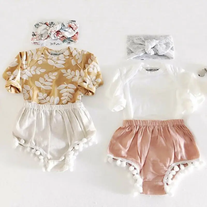 

US Autumn Clothes Newborn Baby Girl Clothes Long Sleeve Romper Tassel Shorts 3PCS Outfit Sunsuit Set Clothes 0-24 months
