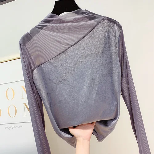 Neploe Половина Водолазка женский велюровый пуловер длинные рукава сетчатая ткань пэчворк Топ джемпер осень зима низ тонкий свитер 54838 - Цвет: gray