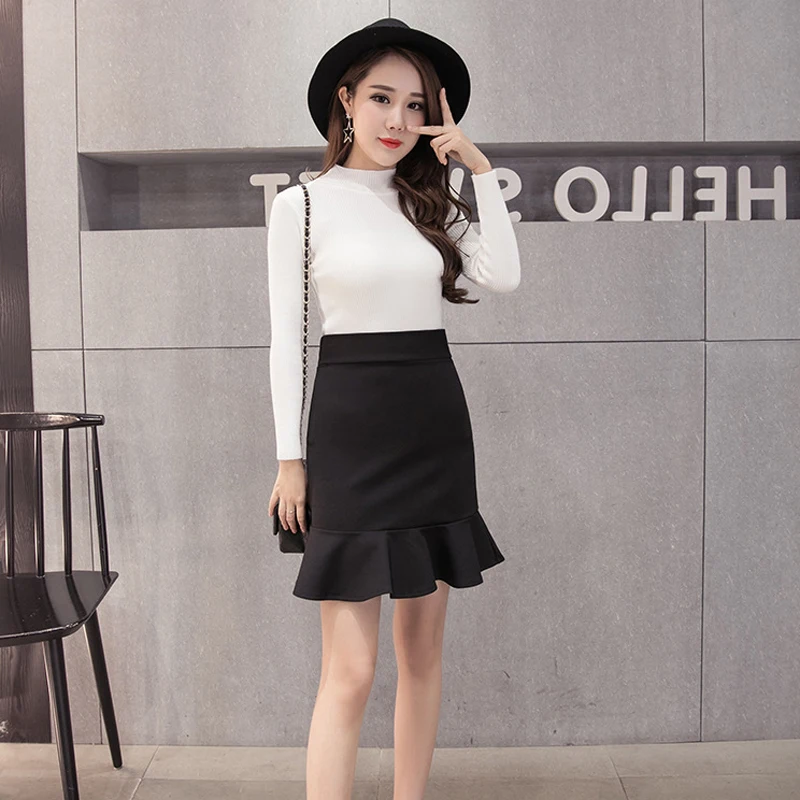 USWEAR Новое поступление мини женские юбки с оборками Высокая талия эластичные однотонные шикарные женские черные юбки повседневные Прямые юбки