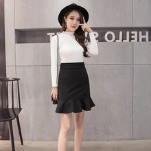 USWEAR Новое поступление мини женские юбки с оборками Высокая талия эластичные однотонные шикарные женские черные юбки повседневные Прямые юбки