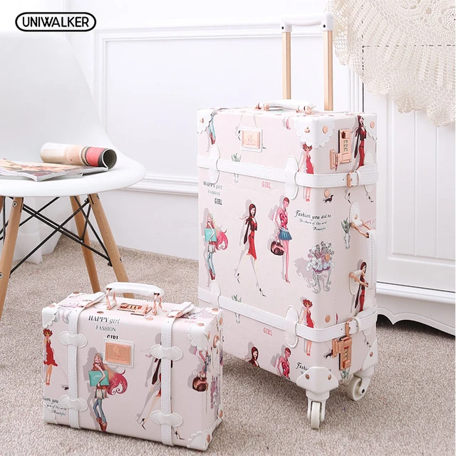 UNIWALKER Vintage Luggage Set, 2 Piece Retro Suitcase with Spinner Wheels, 20in Carry on Travel Luggage Set with 12 Train Case for Women Men (Beige