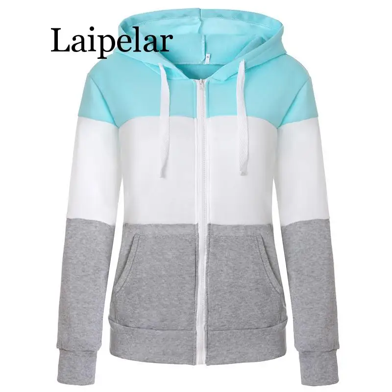 

2020 Women Sweatshirts Autumn Winter Hoodies Long Sleeve Hoody Ladies Zipper Pocket Patchwork Hooded Sweatshirt Female Outwear