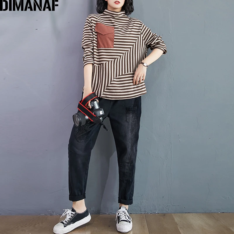 DIMANAF Plus Size Women T-Shirt Long Sleeve Tops Tunic Tees Striped Print Cotton Loose Autumn Winter tshirt Women Clothing M-2XL