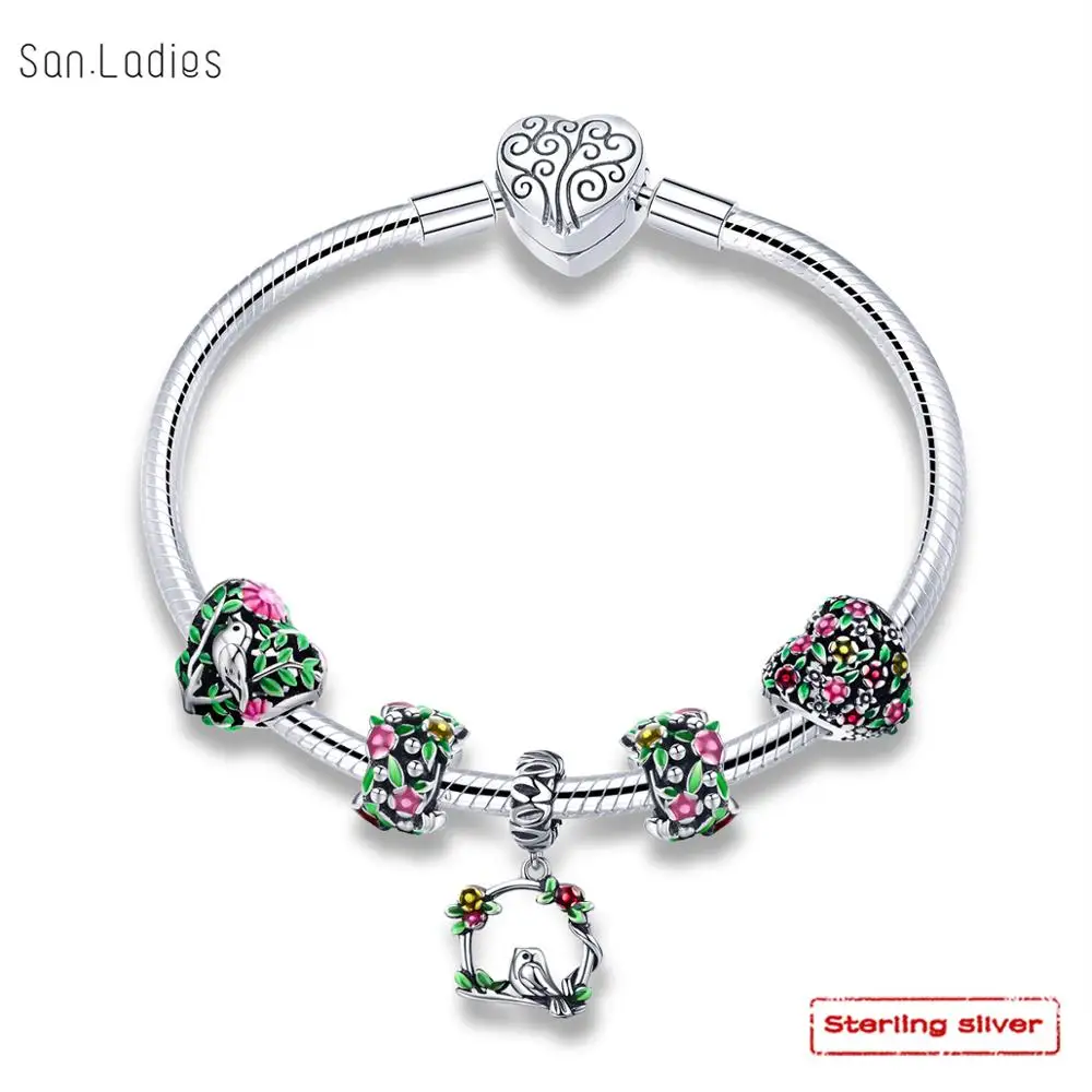 

San.Ladies Top Quality spring flower 925 silver charm bracelets bangle Real Sterling Silver bracelets fashion Women jewelry
