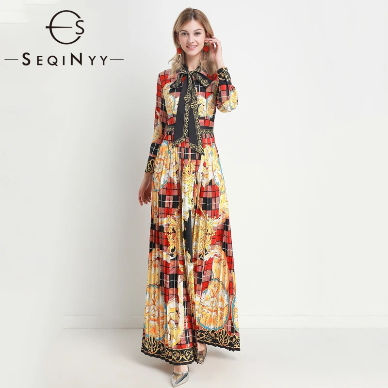 

SEQINYY Elegant Dress 2020 Spring Autumn New Fashion Design Long Sleeve Plaid Flowers Vintage Print Pleated Long Dress