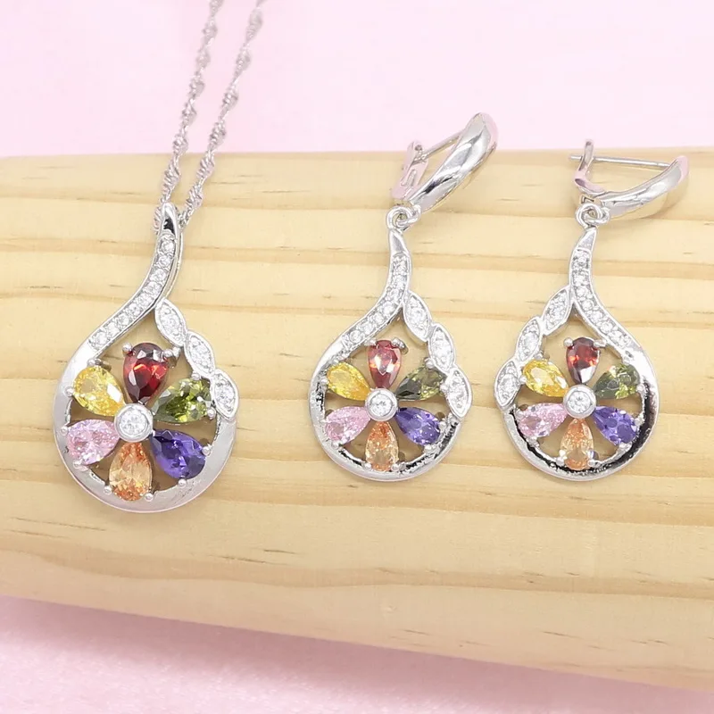 925 серебряные ювелирные наборы для женщин Свадебные многоцветные кубические циркония симметричные серьги ожерелье кольцо Рождественский подарок