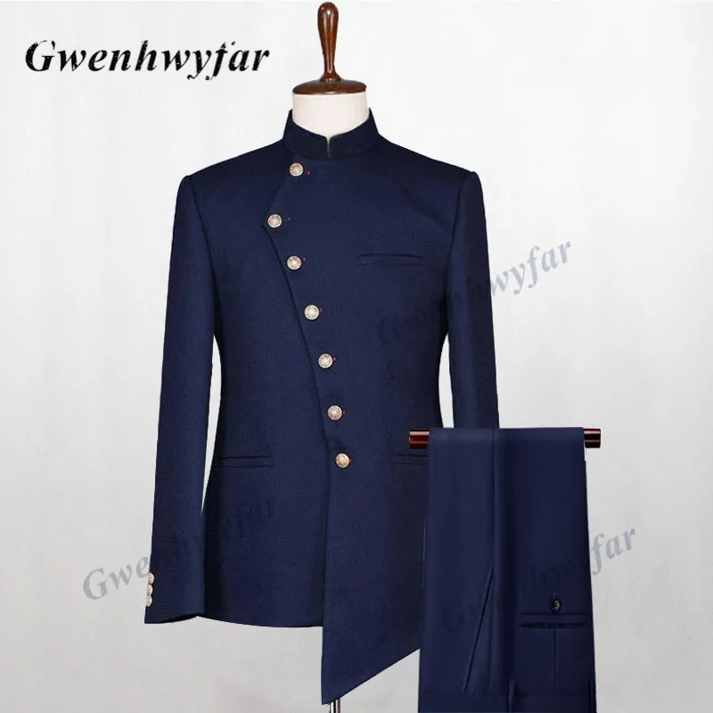 Gwenhwyfar Costume Homme Italian Business Slim Fit 2 Pieces Navy Men's Suits Groom Prom Tuxedo Groomsmen Blazer For Wedding
