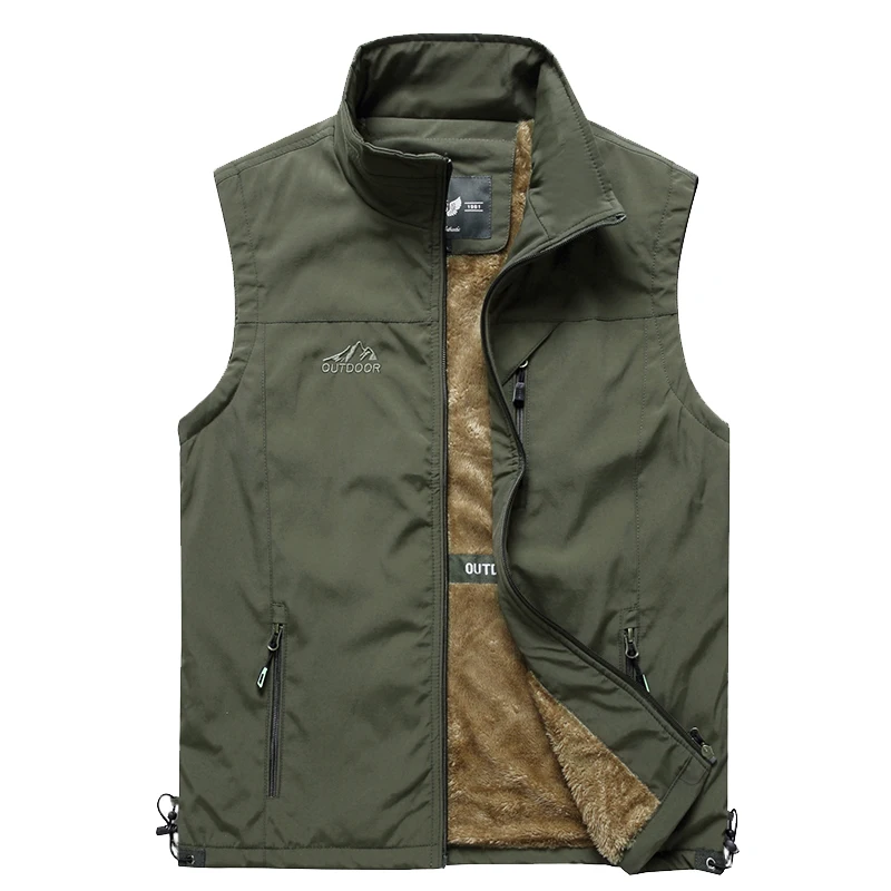 Зимний теплый жилет для мужчин с несколькими карманами, флисовая подкладка, толстый Осенний жилет для фотографа, куртка без рукавов размера плюс 4XL - Цвет: Army Green 4pockets