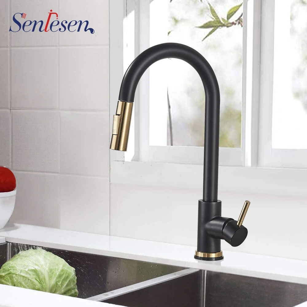 Senlesen-grifo extraíble para fregadero de cocina, rociador con boquilla en color negro y dorado, con montaje en cubierta de agua caliente y fría, para fregadero de cocina