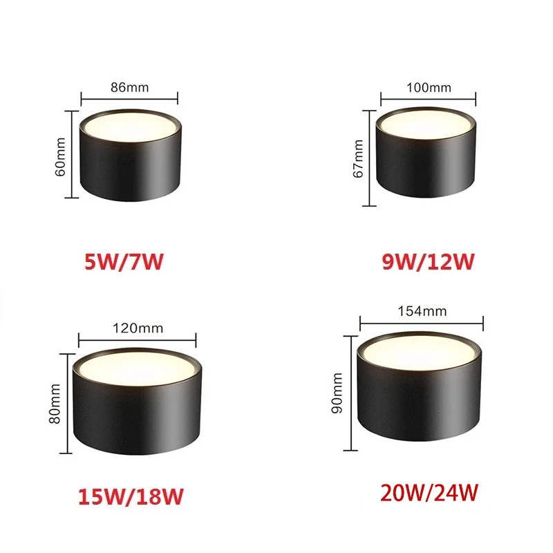 표면 장착 5W 7W 9W 12W 15W 18W 20W 24W LED 통 천장 조명 LED 스포트 라이트 천장 조명기구 조명 실내 조명