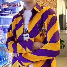 KUANGNAN, фиолетовая полосатая рубашка, Мужская Уличная рубашка с длинным рукавом, мужские модные футболки, мужская одежда в стиле хип-хоп, 5XL, осень