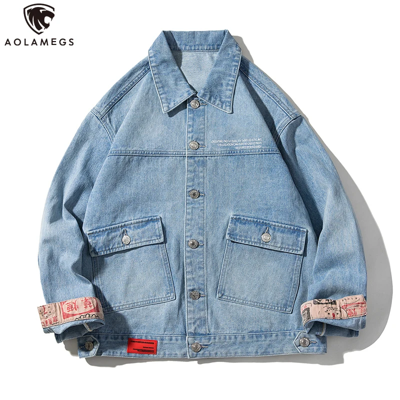 

Aolamegs Denim Jackets Men Pattern Printing Coat Loose Pocket Retro Windbreaker Harajuku Autumn Outwear High Street Streetwear