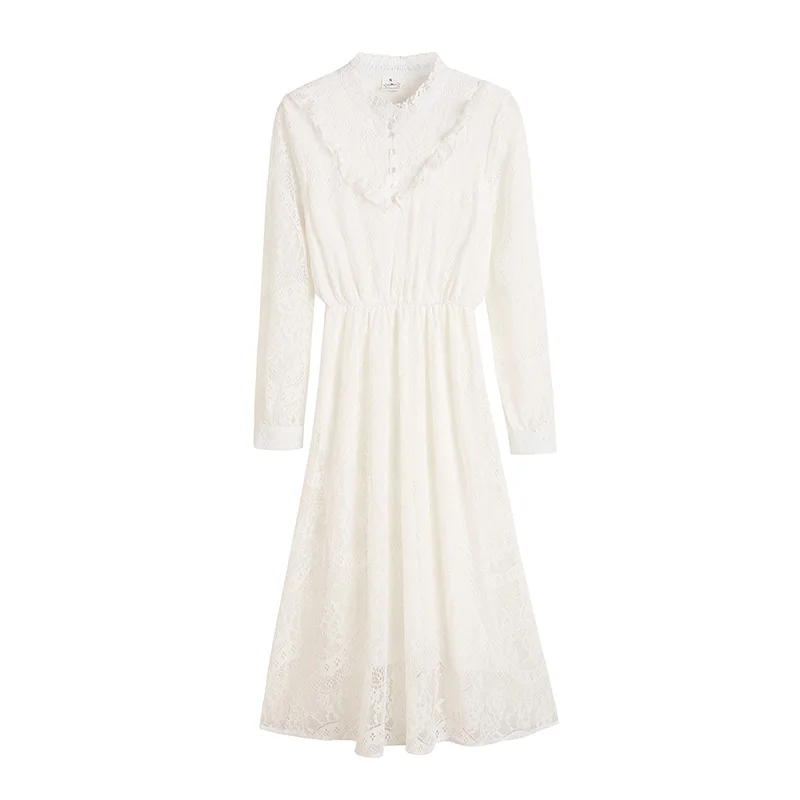 Ordifree Summer Women White Lace Party Dress Vintage Long Sleeve Tunic Beach Dress