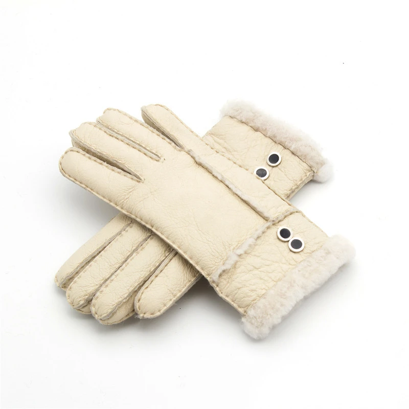 beige Новые зимние перчатки из натуральной кожи, женские шерстяные флисовые теплые перчатки на весь палец, Элегантные Женские ветрозащитные перчатки для вождения на открытом воздухе - Цвет: beige