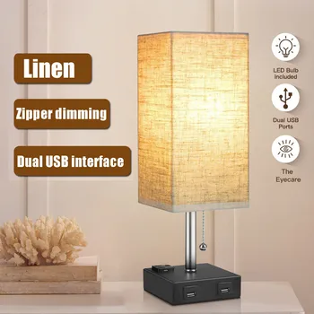 

60W Modern Design Bedside Square Table Lamps with Dual USB Charging Port Wood Base Fabric Nightstand Light Bedroom Lighting