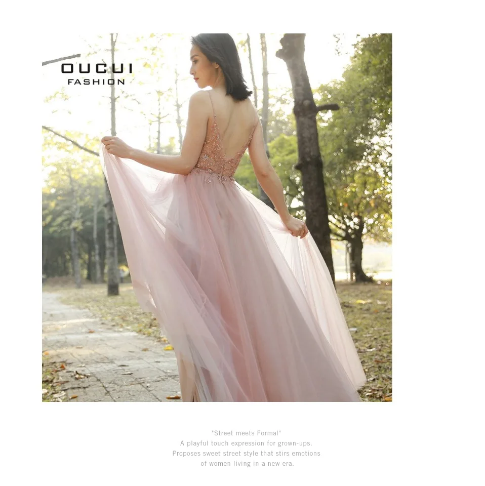 Oucui Dusky Pink Handmade Beaded Prom Dresses 2020 Long Spaghetti Strap See Through Grey Tulle Evening Gown Vestido De Festa