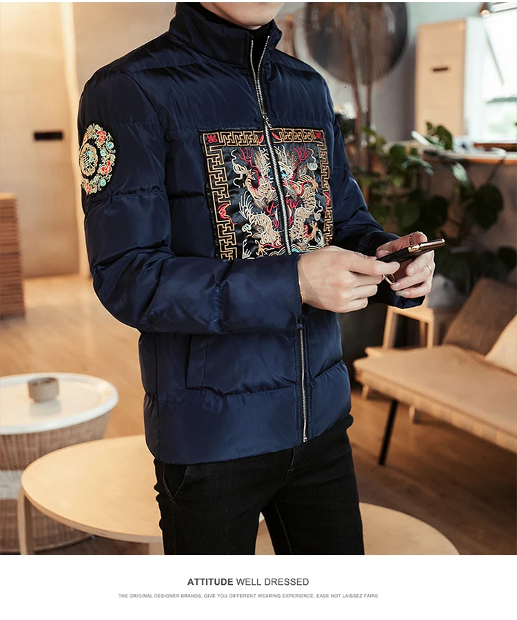 Модная куртка-бомбер с вышивкой, пальто Manteau Homme Hiver Winterjas Heren, куртка-бомбер с вышивкой в китайском стиле, мужская теплая куртка
