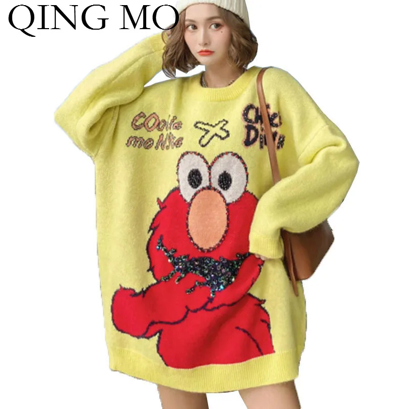 QING MO желтый женский свитер с мультяшным принтом 2020 толстый теплый блестками