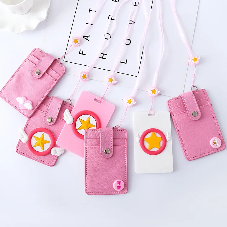 

Card Captor Cardcaptor Sakura Cartoon Pink Keychain Key Ring Pendant Holder ID Bus Bank Card Coin PU Leather Charms Trinket Gift