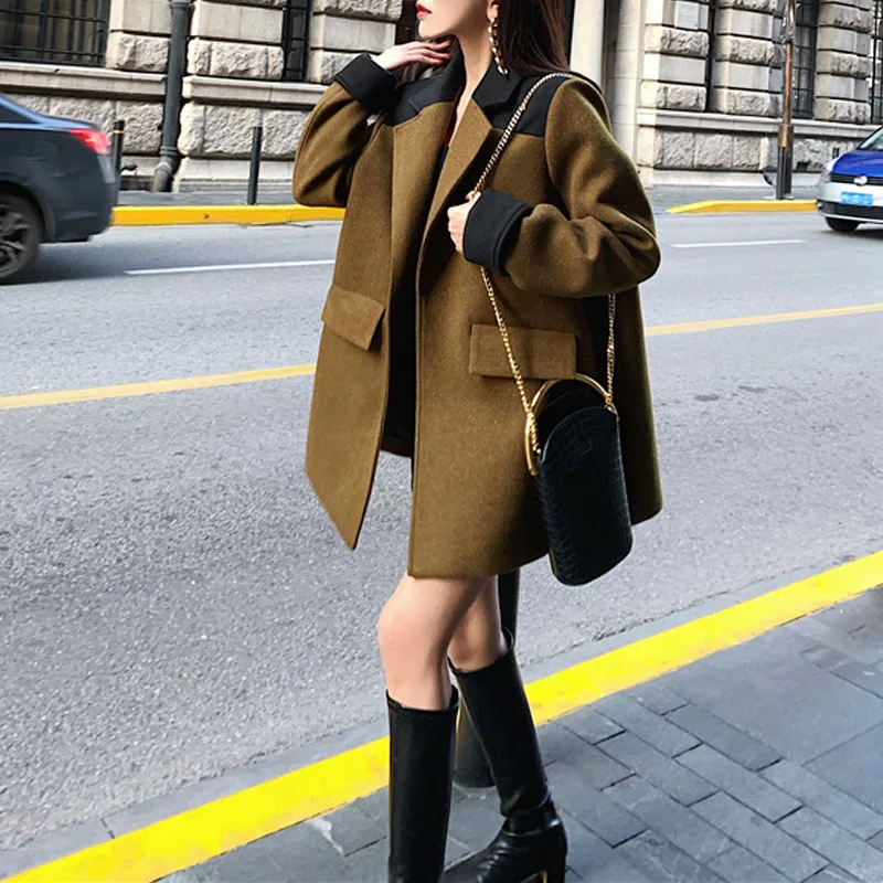 autumn and winter women's suit casual solid color stitching loose British style suit