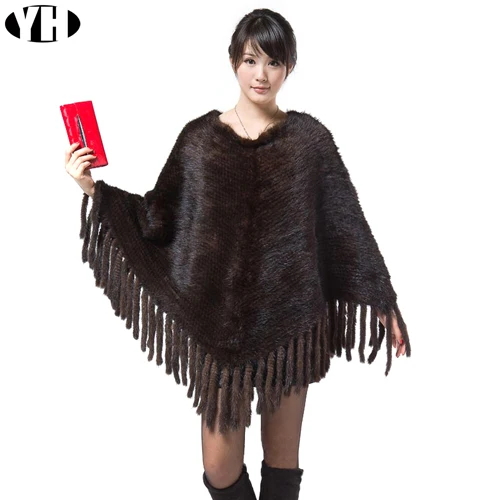 coffee Genuine real Mink Fur Shawl with tassel Knitted Real Fur Poncho Women Natural Fur Warp With Hood Winter Mink Fur - Цвет: coffee