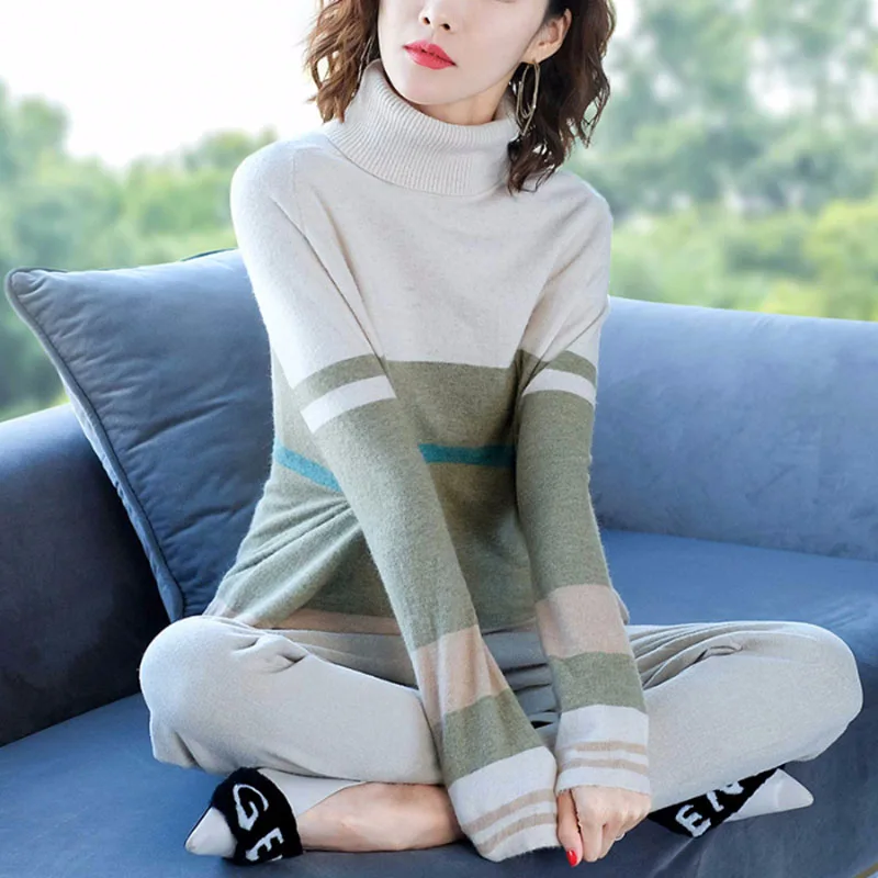 Color Matching Sweater Women's Loose High Neck Thick Sweater Women Long Sleeve Commute Turtleneck Knitted Tops Casual Pullover Color Matching Sweater Women's Loose High Neck Thick Sweater Women Long Sleeve Commute Turtleneck Knitted Tops Casual Pullover