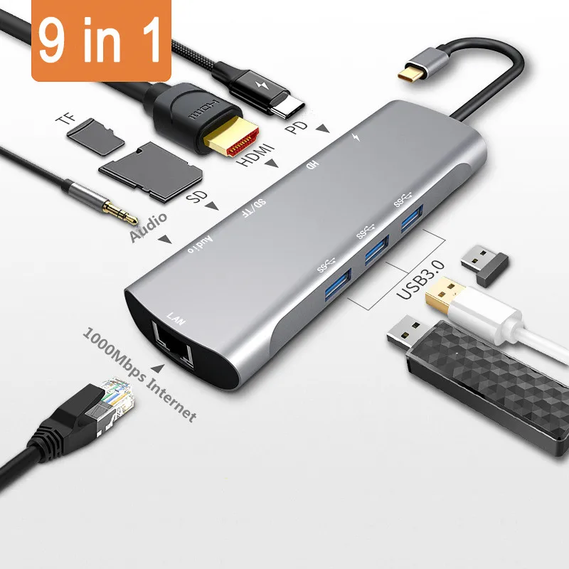 Тип c к hdmi концентратор адаптер типа c к vga RJ45 3,5 мм, AUX, разъем с SD TF PD jack usb3.0 концентратор адаптер для MacBook pro Xiaomi - Цвет: 9 in 1