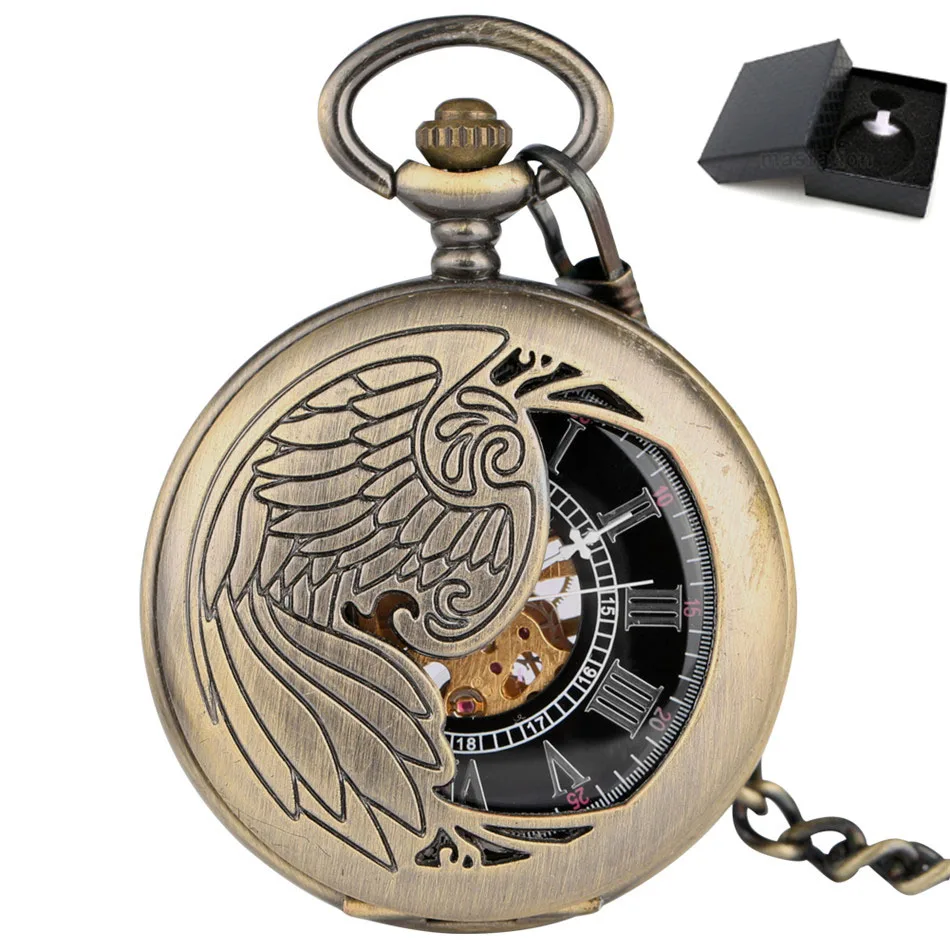 watch with box Винтажные бронзовые крылья, полуохотник, механические карманные золотистые часы-скелетоны, ручные намотки, карманные часы, ретро часы, подарки - Цвет: watch with box