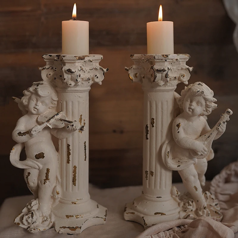 

Cupid resin white handmade candle holder stand antique