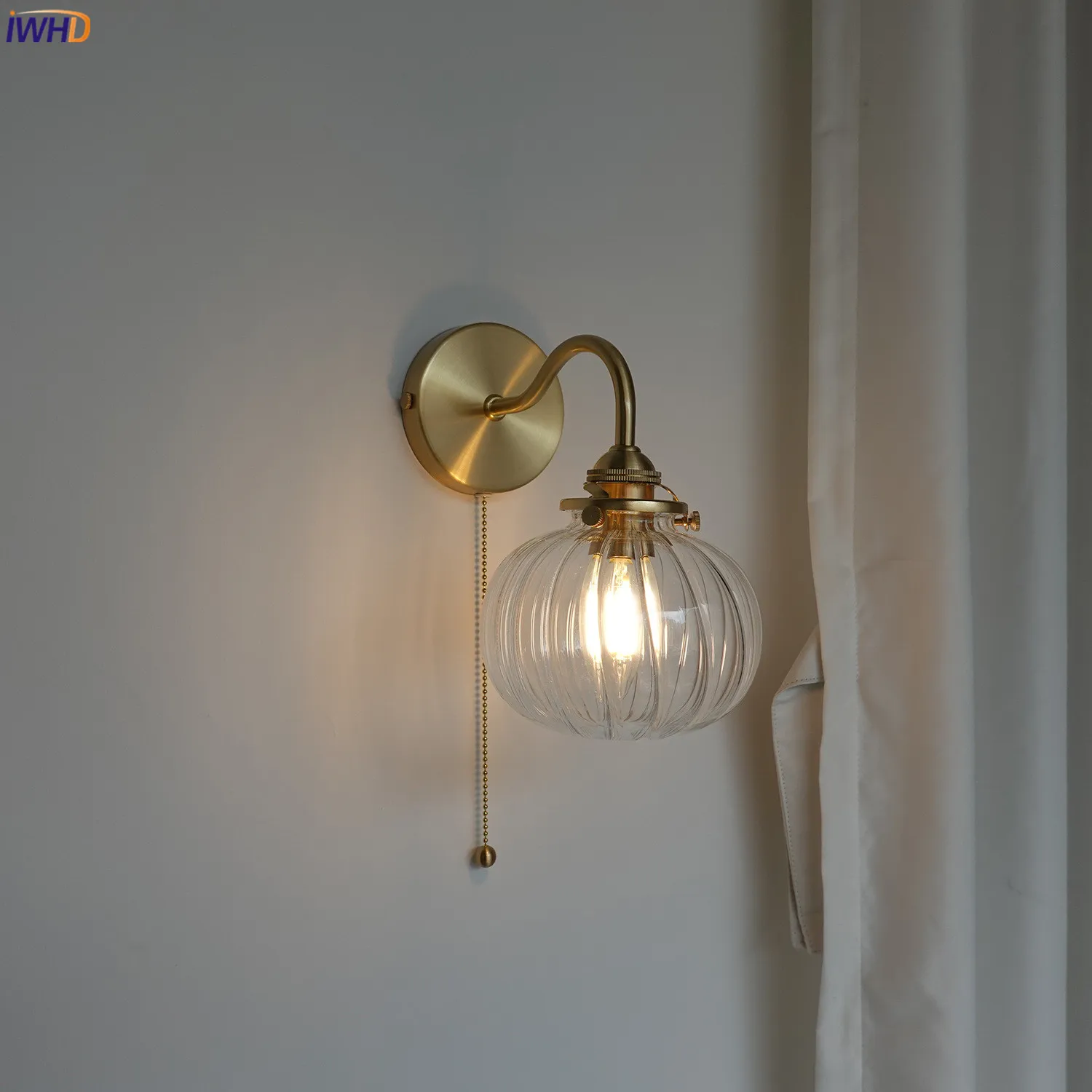 IWHD Little Glass Ball LED Wall Light Fixtures Plug In Switch Bedroom Bathroom Mirror Stair Nordic Modern Copper Wall Sconce