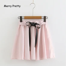 Веселые милые хлопковые женские мини юбки в полоску со шнуровкой, осень, плиссированные юбки с высокой талией для милых девушек, повседневная юбка