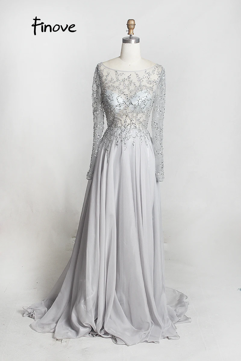 Finove Prom Dresses Long 2020 Long Sleeve Crystals Beading By Hand Sexy See-through A-Line Bridesmaid Dresses Robe de Soiree