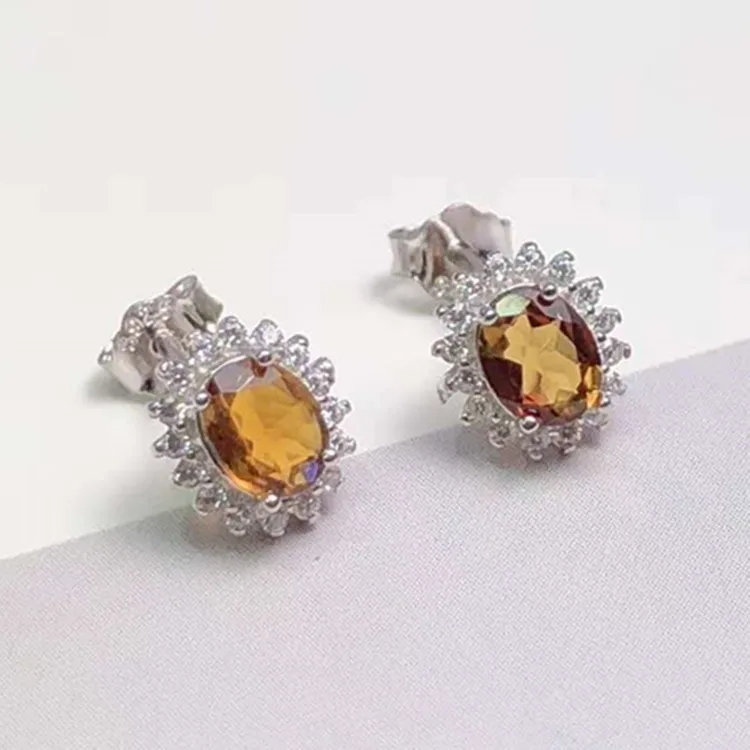 

925 Silver Inlaid Natural Tourmaline Candy Tourmaline Ear Stud Colorful Pure Strobe Cutting Surface