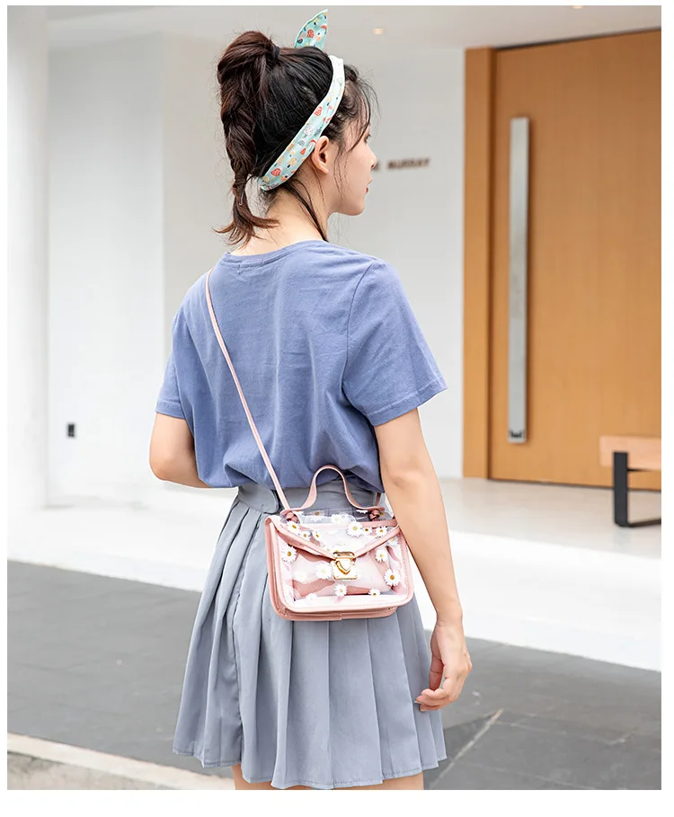 

2020 Fashion Women Transparent Daisy Pattern Shoulder Bag Hardware Chain Strap Color Block Messenger bag Handbag Tote