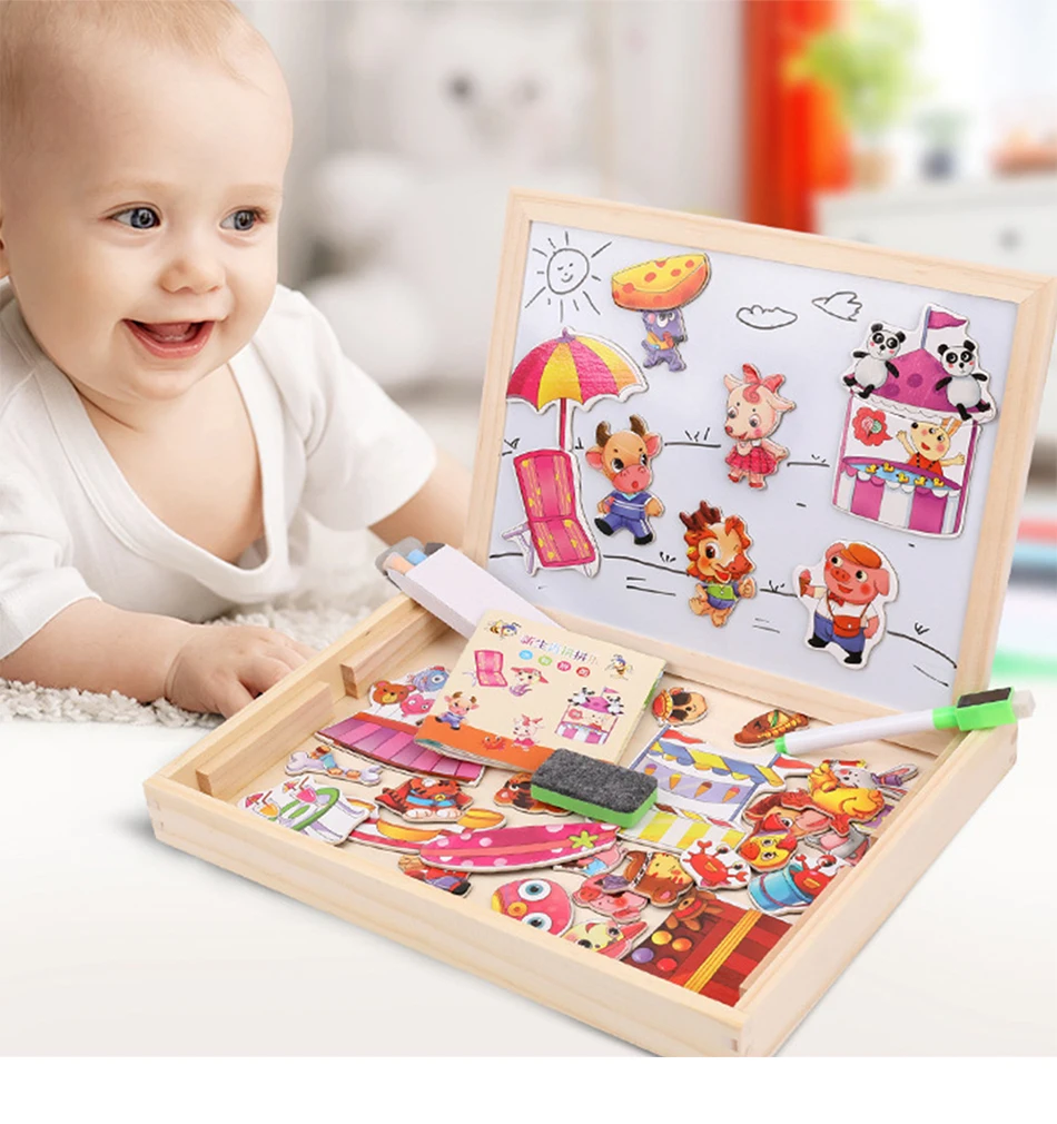 Child Animal Wooden Puzzles Kids Tangram Educational Gift Multifunctional Magnetic Puzzle Painting Board Toys Baby 3D Puzzle Toy