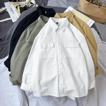 

Cotton Shirt Men's Fashion Solid Color Shirt Men Slim Fit Dress Shirt Casual Tooling Long-sleeved Shirts Mens M-3XL