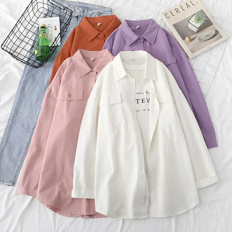 

Women Blouses Shirt Tunic Womens Tops 2020 Womenswear Long Sleeve Clothing Button Up Down White Double Pockets New Autumn Casual