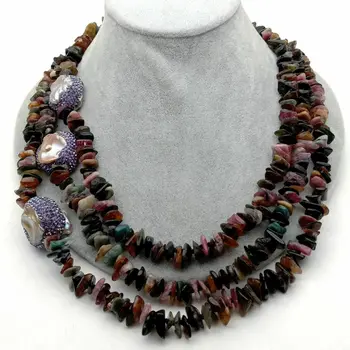 

21'' 3 Strands Natural Multi color Tourmaline Purple Keshi Pearl Necklace