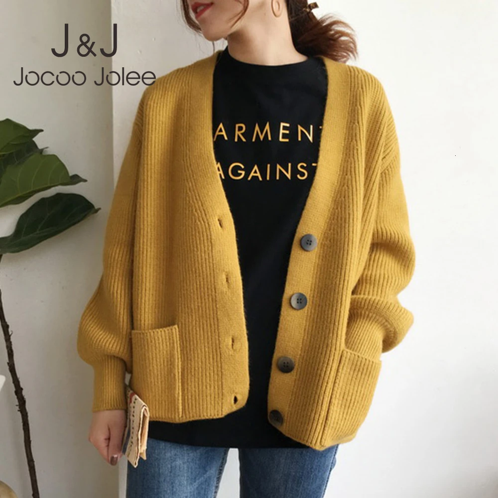 

Jocoo Jolee Women Autumn Winter V Neck Sweater Coat Loose Cardigans Casual Single Breasted Knitted Jacket Outwear 2019 New