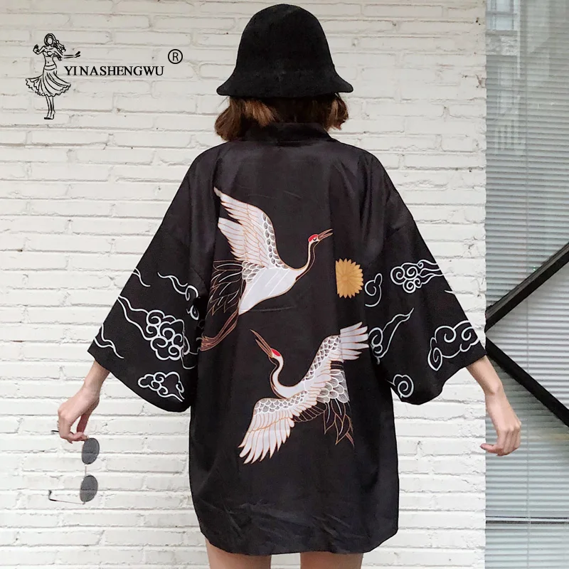 Harajuku Crane Print Japanese Style Kimono Leisure Blouse Sunscreen Men Women Yukata Kimono Cosplay Costume Thin Summer Clothing