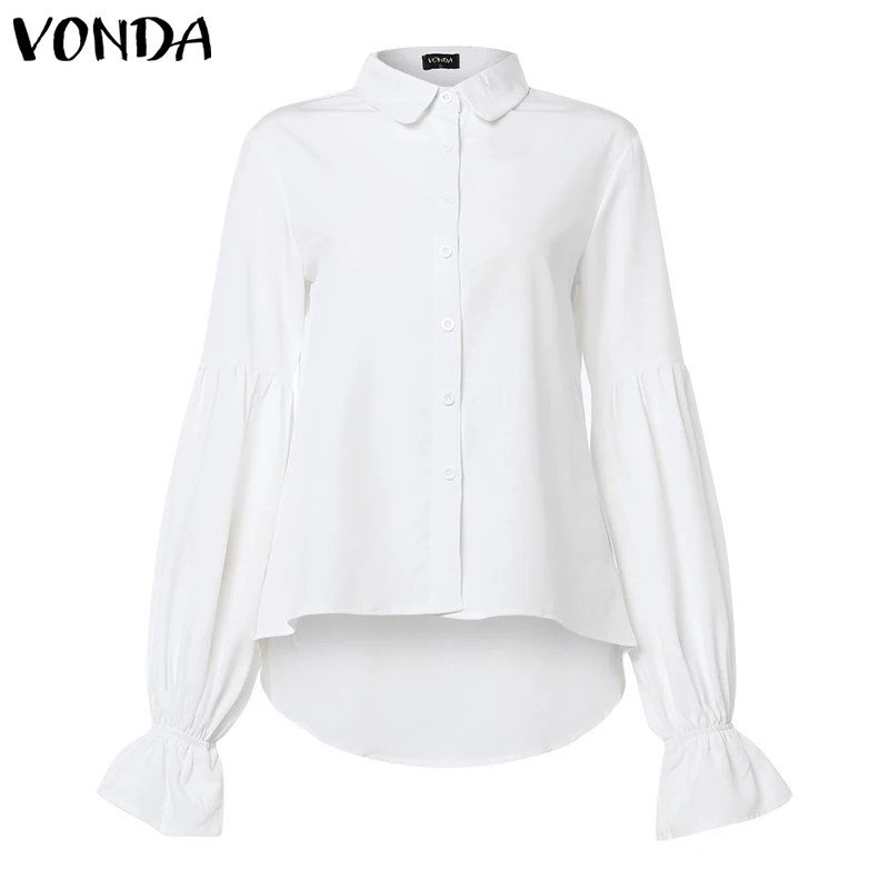 VONDA, блузка, женская рубашка,, осенняя, повседневная, с асимметричным подолом, с отворотом, с длинным рукавом-фонариком, белая рубашка, сексуальные топы размера плюс, блузы - Цвет: White