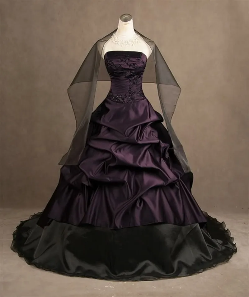 Винтажная вышивка фиолетовый и черный шарф тафты Готический возлюбленный вечернее платье без бретелей свадебное платье Длинные свадебные платья на заказ
